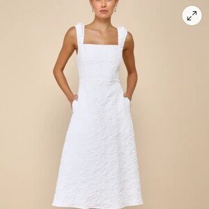 Lulus Springtime Aura White Jacquard Lace-Up Midi Dress with Pockets